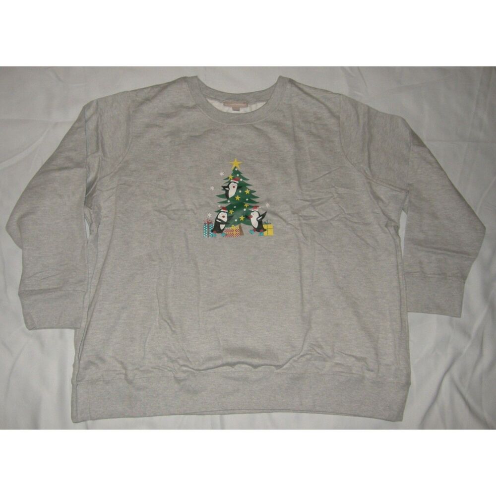 WOMAN WITHIN Gray Plus Sz 30/32 Christmas Tree Penguin Crew Neck Sweatshirt NEW